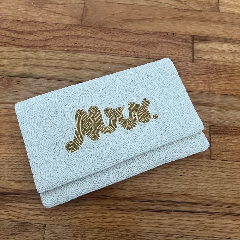 Wedding day clutch, “Mrs.” Handbag, white beaded clutch